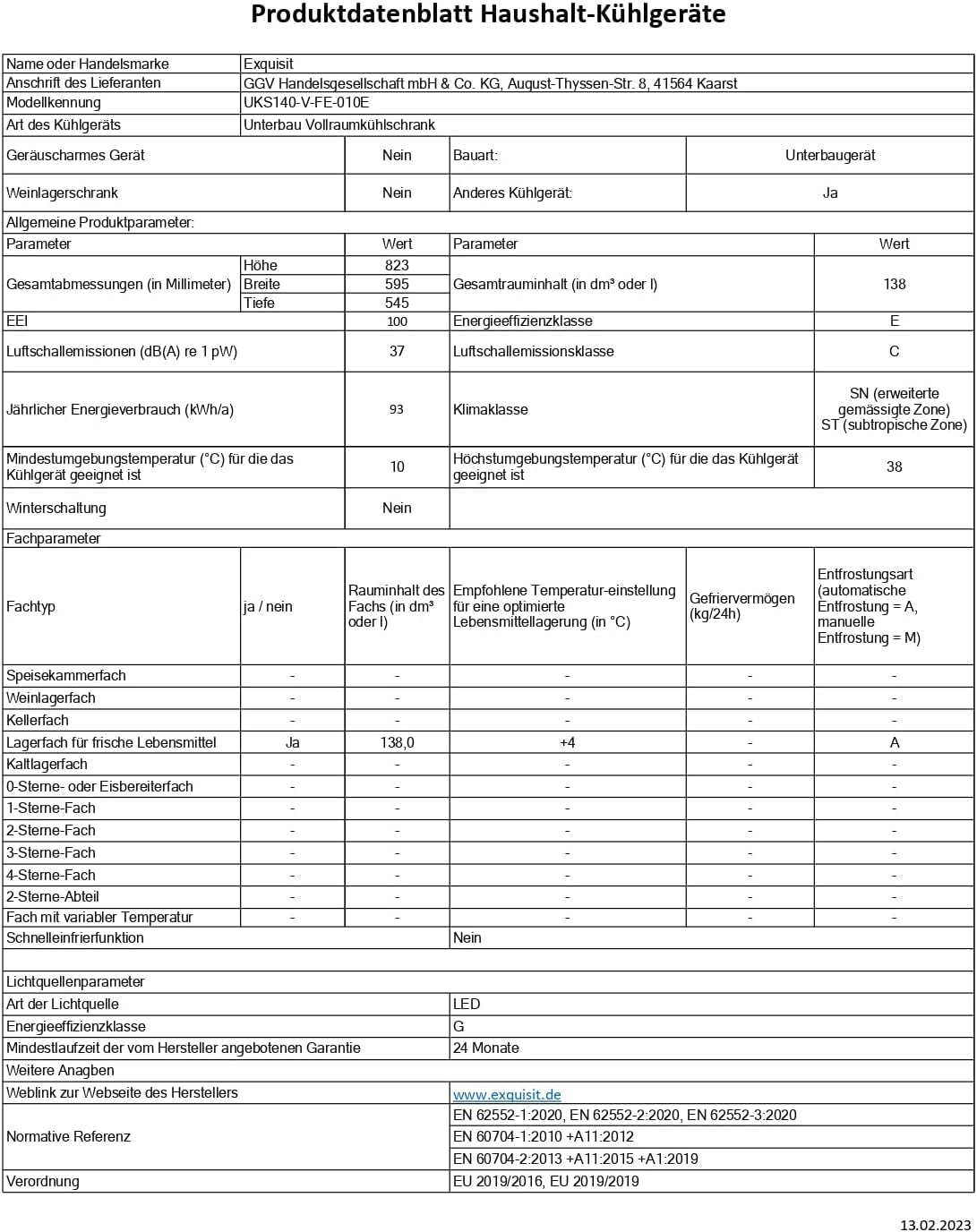 Exquisit UKS140-V-FE-010E Unterbau Kühlschrank, Nischenhöhe 82,5 Cm, 60 Cm Breit, 138L, Festtürmontage, Abtauvorgang Automatisch, Eierablagen, Temperatureinstellung, Weiß