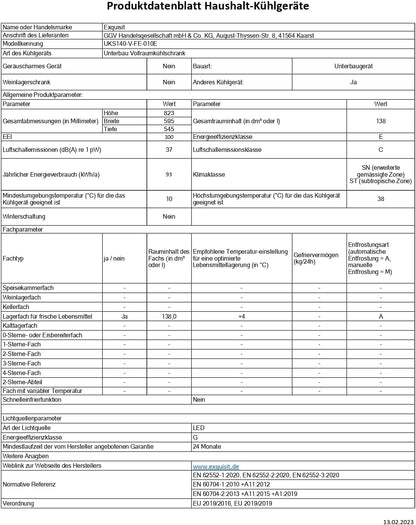 Exquisit UKS140-V-FE-010E Unterbau Kühlschrank, Nischenhöhe 82,5 Cm, 60 Cm Breit, 138L, Festtürmontage, Abtauvorgang Automatisch, Eierablagen, Temperatureinstellung, Weiß