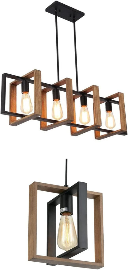 Éclairage D'Îlot De Cuisine, Lustre Moderne Noir Pour Salle À Manger Et Ferme, Lampes De Table De Billard, Finition Bois Et Métal Noir Mat (4 Têtes, Bois)