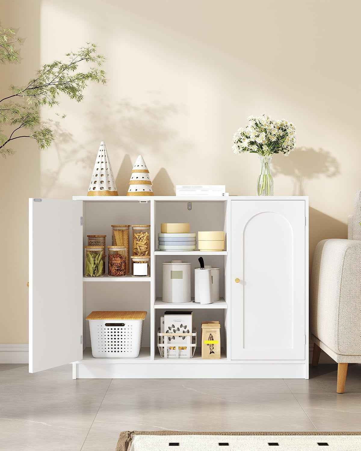 Meuble Salle De Bain, Meuble De Rangement Avec Étagère Réglable | Armoire Sur Pied Avec Arquées Et 3 Étagères Ouvertes, Pour Salle De Bain, Salon, 30 X 100 X 81,5 Cm, Blanc SC21203X