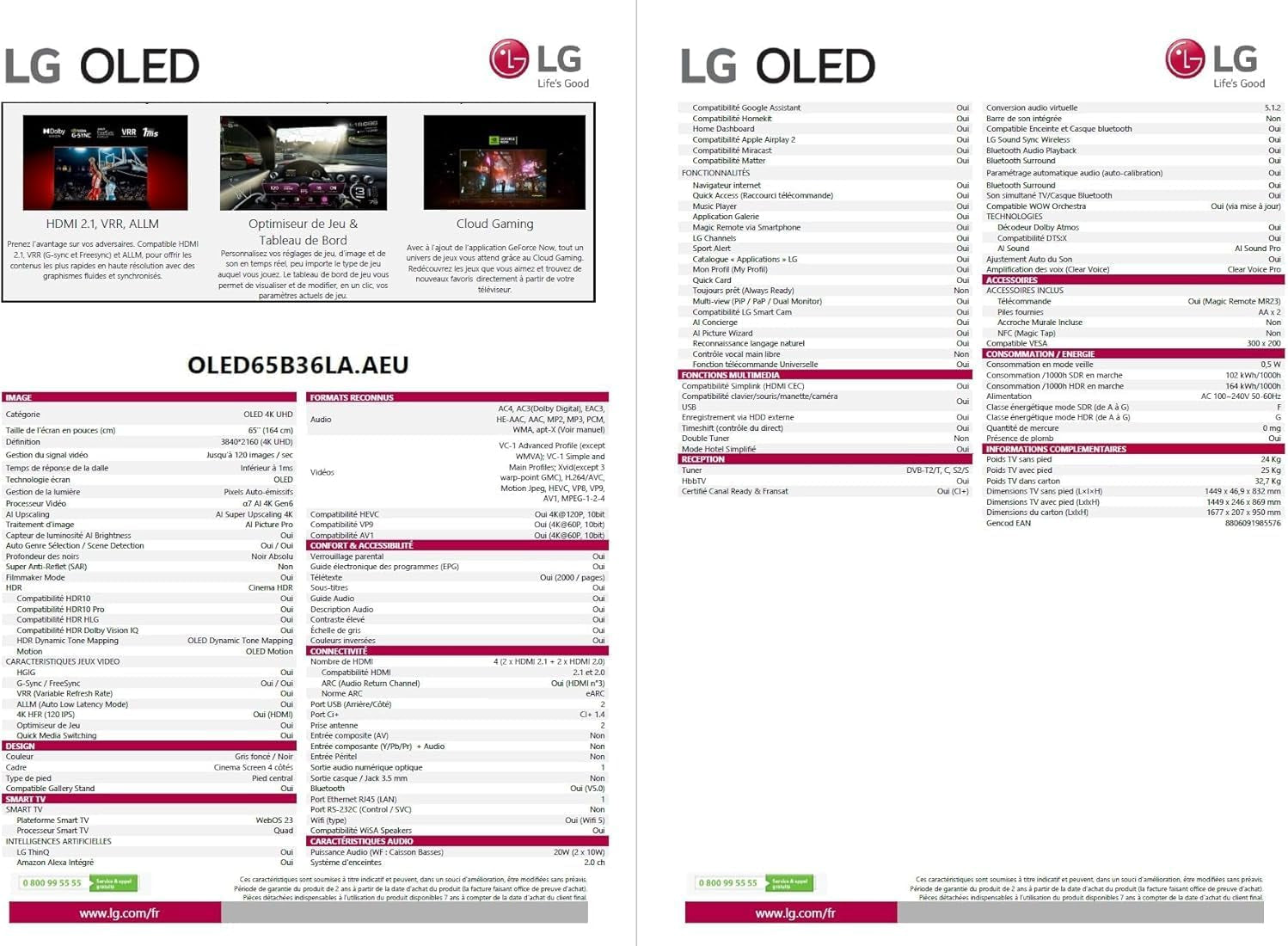 LG TV OLED 2023 | OLED65B3 | 65'' (164 Cm) | OLED | Processeur Α7 AI Gen6 4K, Gris Foncé/Noir