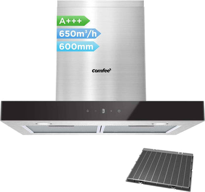 Hotte Aspirante TSHM77SS-60 60 Cm Classe A+++ Hotte Aspirante En Acier Inoxydable 650 M³/H Avec LED, Système De Recirculation Et Canalisation Et Filtres À Charbon