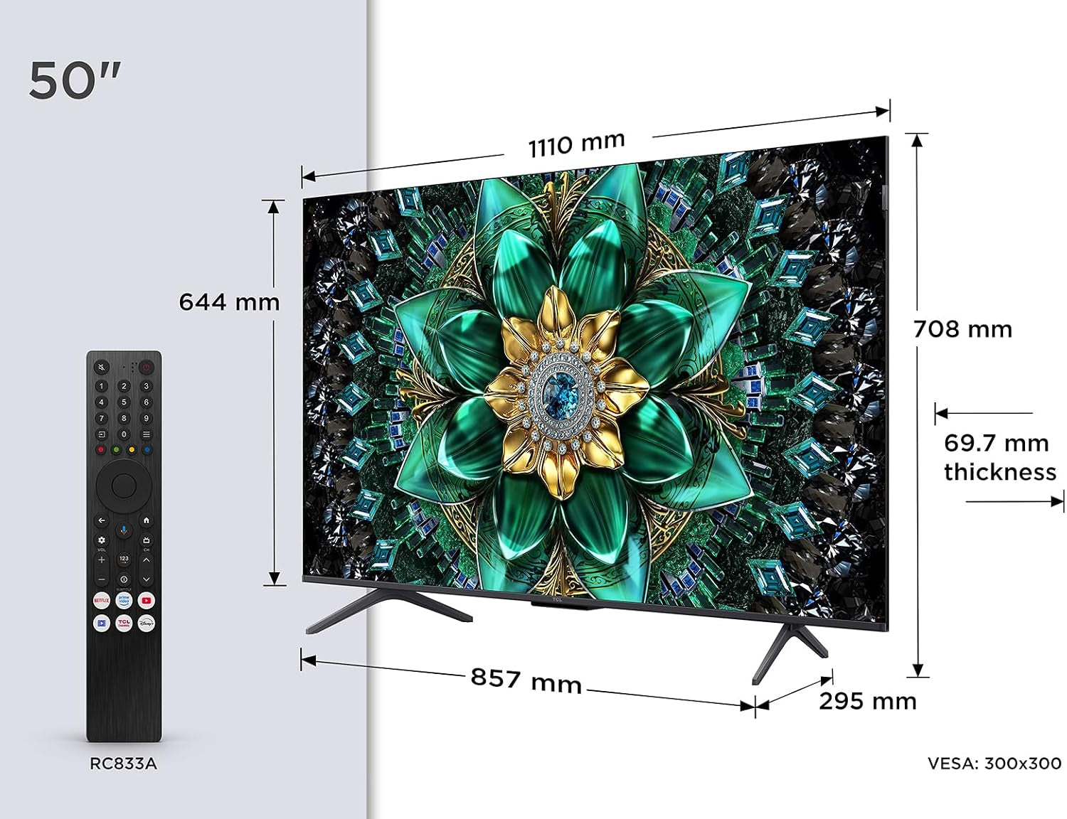 TCL 50Q6C Qd-Mini LED TV, 4K HDR Premium 1000Nits, Smart TV Alimenté Par Google (Dolby Vision IQ Et Atmos, Système Audio Onkyo 2.1, Motion Clarity Pro 144Hz, Game Master, Contrôle Vocal Mains Libres)