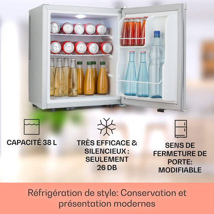 Mini Frigo De Chambre De 38L Pour Boissons Et Bieres, Petit Frigo Silencieux, Mini Bar Intérieur/Ext, Petit Refrigerateur Camping, Stockage De Vins, Cosmetique, Étagères Réglables, 6-18°C