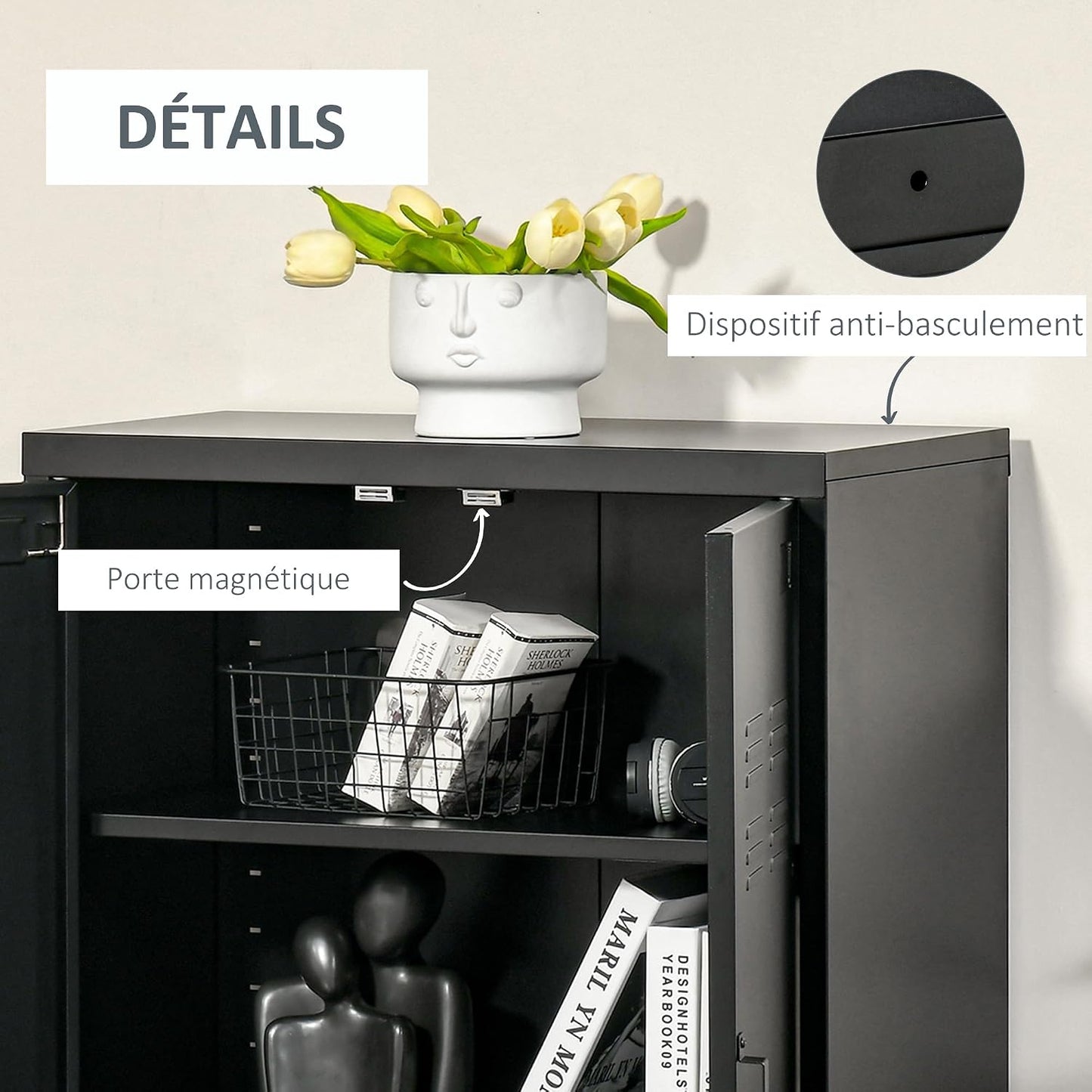 Armoire De Bureau À 3 Niveaux Métallique Noir | Meuble De Rangement Bureau, 2 Portes, Étagères Réglables, Armoire À Dossiers, Pour Domicile, Garage