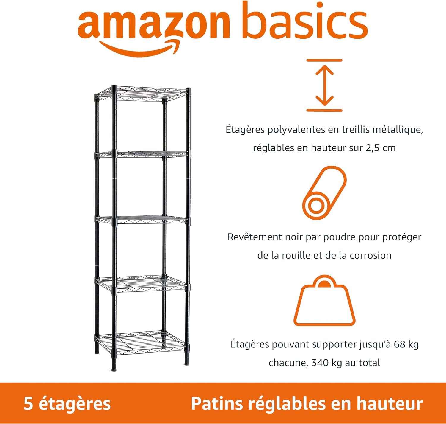Meuble De Rangement Réglable À 5 Étagères, Noire, 40.6 X 40.6 X 137.2 Cm (P X L X H)