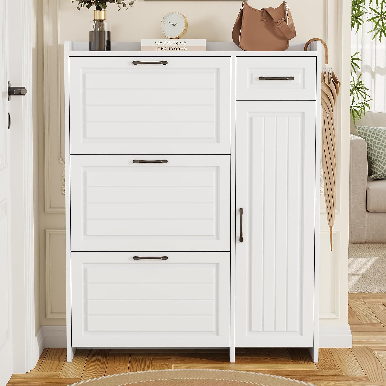 Meuble À Chaussures Avec 3 Compartiments Abattants, Tiroir, Compartiment Latéral À Étagères Réglables, Armoire À Chaussures Pour Entrée, Blanc
