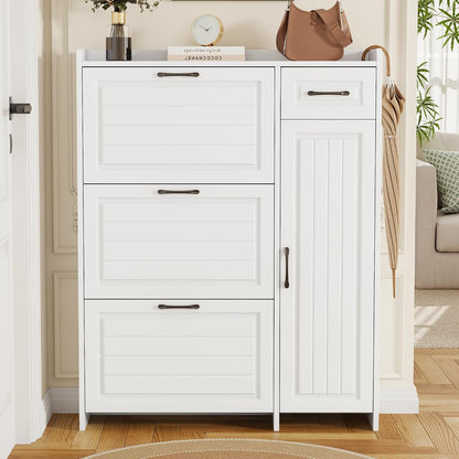 Meuble À Chaussures Avec 3 Compartiments Abattants, Tiroir, Compartiment Latéral À Étagères Réglables, Armoire À Chaussures Pour Entrée, Blanc