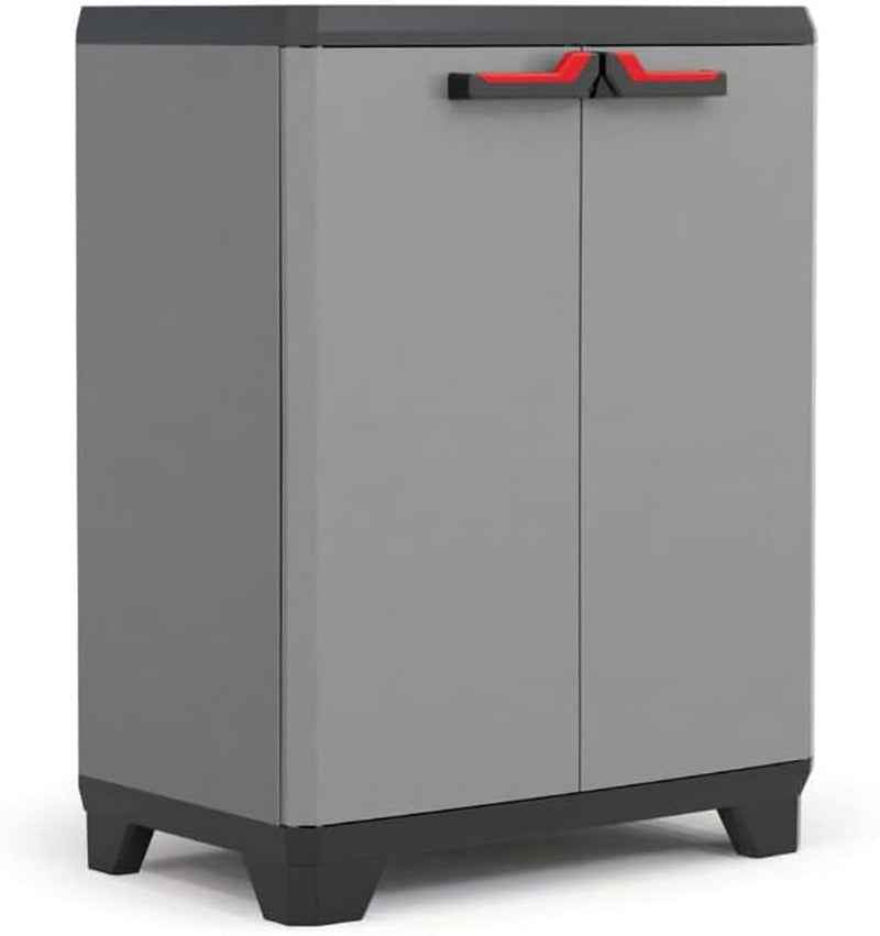 Armoire Basse STILO - Armoire De Rangement Verrouillable - Étagère Et Pieds Ajustables, Poignée Soft Touch - Cuisine, Garage, Atelier, Placard - 68 X 39 X 90 Cm - Gris/Noir/Rouge