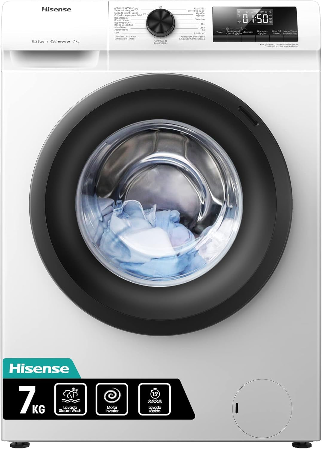 Hisense WFQP7012EVM - Machine À Laver À Vapeur Efficace, Moteur Inverter, Charge Frontale 7 Kg, 1200 Tr/Min, 15 Programmes, Contrôle De Balancement Intelligent Du Tambour, Affichage LED, Programme