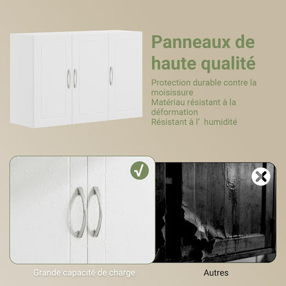 Meuble Haut Cuisine Avec 3 Portes & Étagères Réglables MDF Blanc | Placard Cuisine Mural Armoire Murale Cuisine Pour Épices, Meuble Suspendu Cuisine, Charge 36Kg, 90X30X60Cm, FRG231-L-W