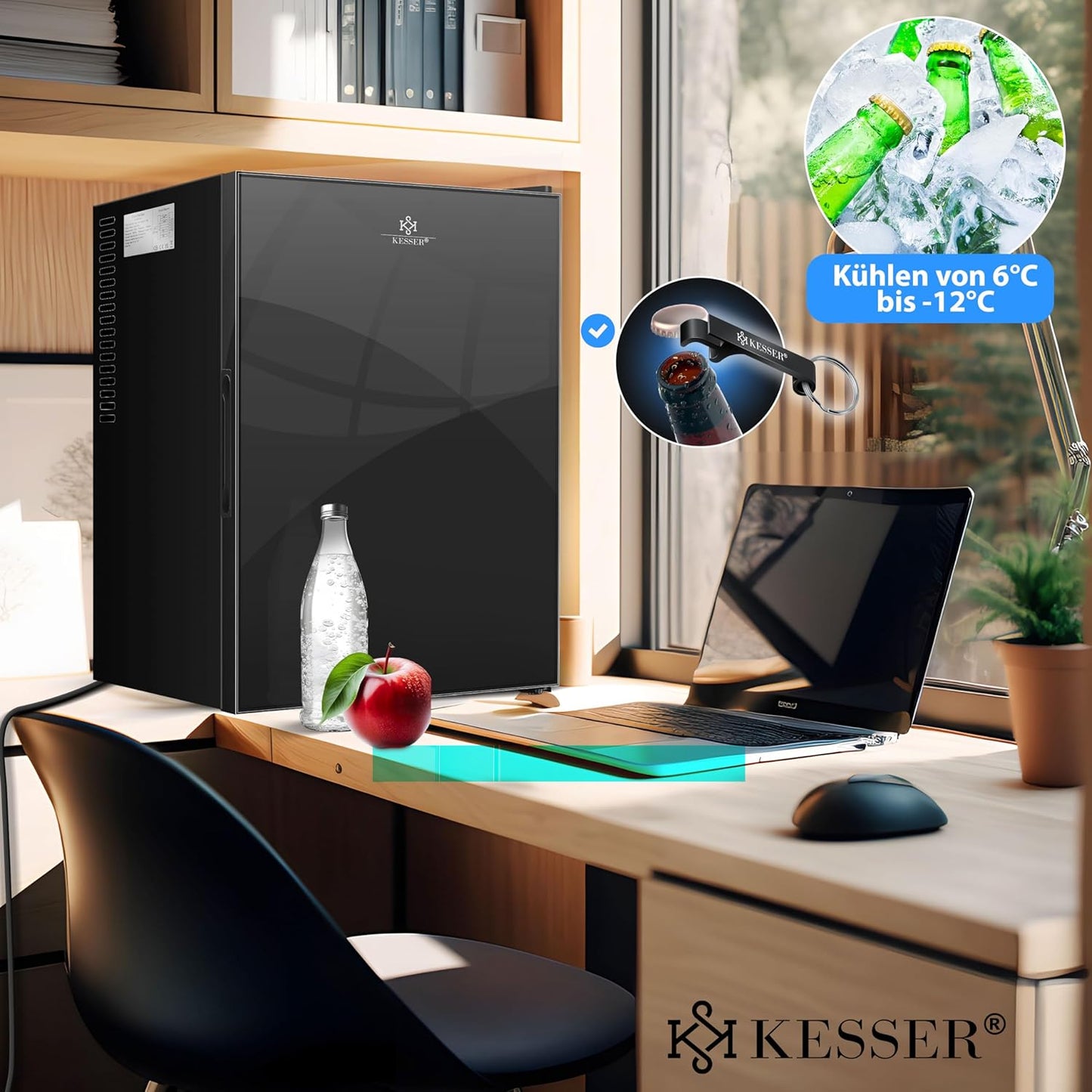 KESSER® Mini Réfrigérateur Avec Façade En Verre, Capacité Utile De 40 L, Silencieux, 22 Db, Verrouillable, Chambre À Coucher, Butée De Porte Interchangeable, Env. 6 À 12 °C, Hauteur 57 Cm, Éclairage