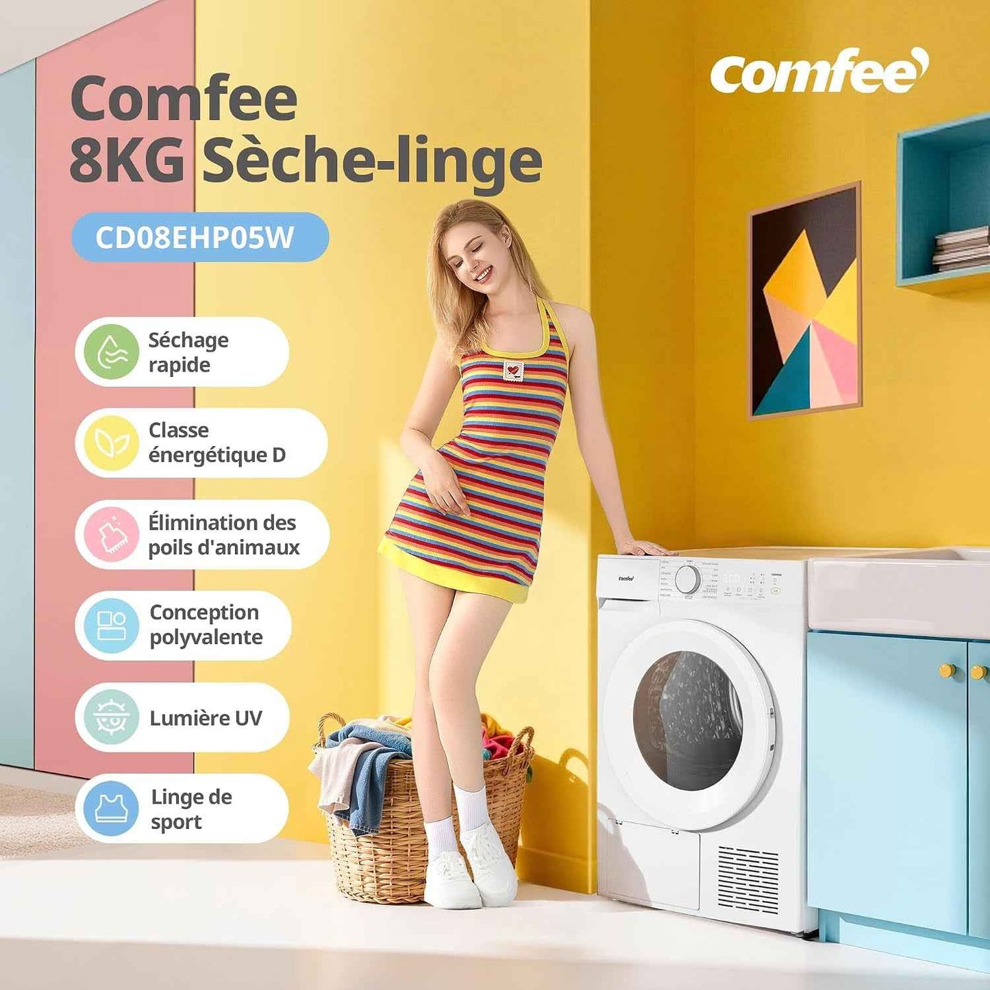 ' Sèche Linge Pompe À Chaleur 8KG Classe D Smart Dry CD08EHP05W | Séchage Rapide, Élimination Des Poils D'Animaux, 15 Programmes, Fonction Anti-Rides, Fonction Rafraîchissante, Blanc