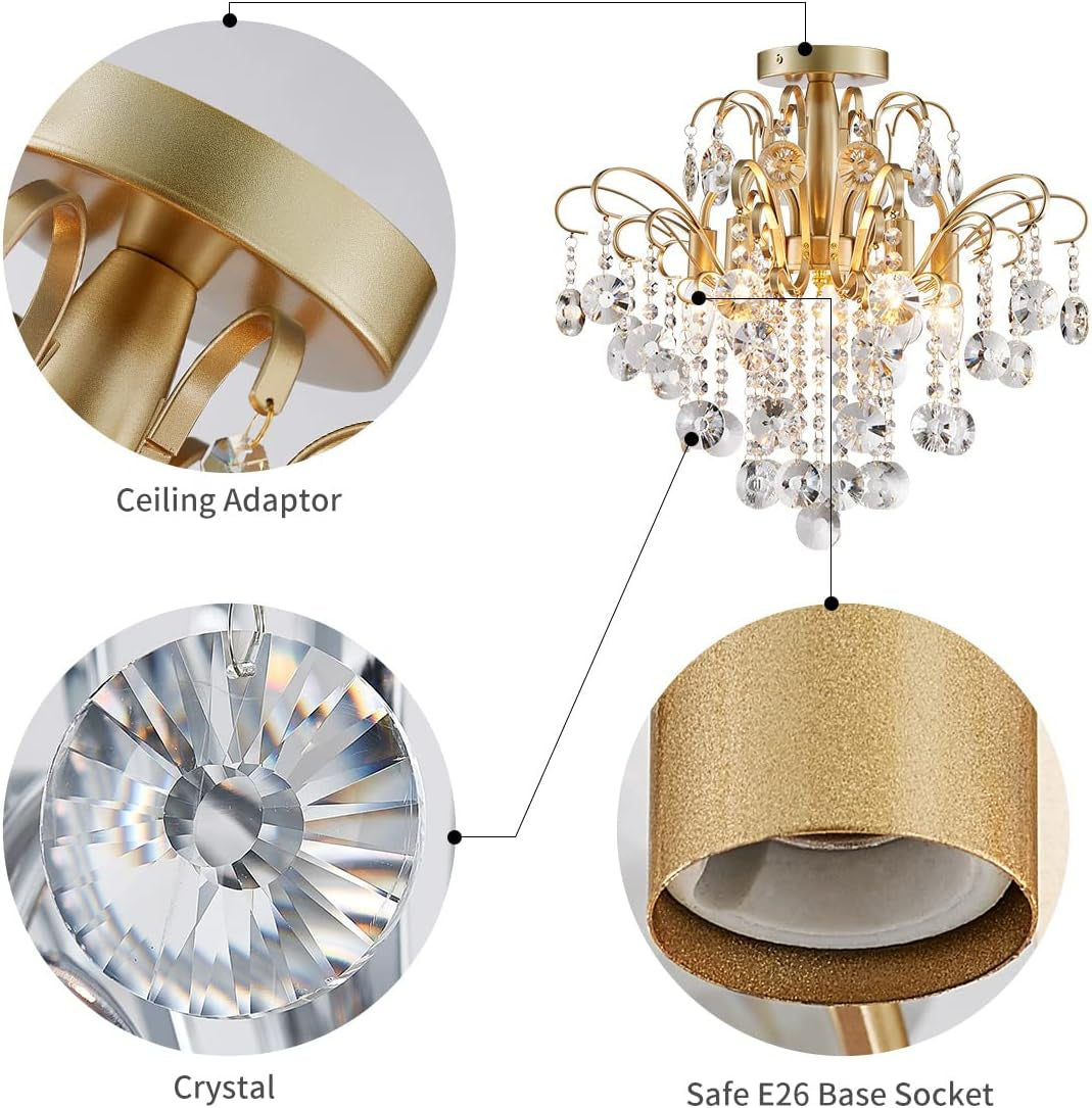 Lustre En Cristal Plafonnier Encastré Luminaire Moderne Pour Chambre À Coucher Couloir Bar Cuisine Salle De Bain, H 45 X W 50, Base E14, Or