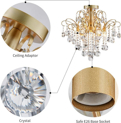Lustre En Cristal Plafonnier Encastré Luminaire Moderne Pour Chambre À Coucher Couloir Bar Cuisine Salle De Bain, H 45 X W 50, Base E14, Or