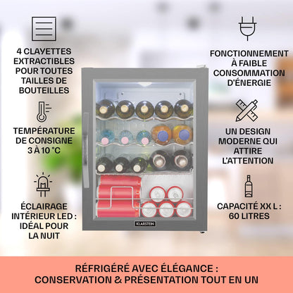 Mini Frigo De Chambre Et Bureau Pour Boisson, Silencieux, Refrigerateur Bar 60L, Pour Camping, Étagères Réglables, Ondulés Pour Le Vin, Cannette, Beer Fridge