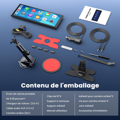 Écran Portable Sans Fil 9,26" Carplay Voiture Pour Apple Car Play & Android Auto, Mises À Jour OTA, Caméra De Recul, Mirror Link, Bluetooth 5.0, Commande Vocale, Navigation GPS, FM