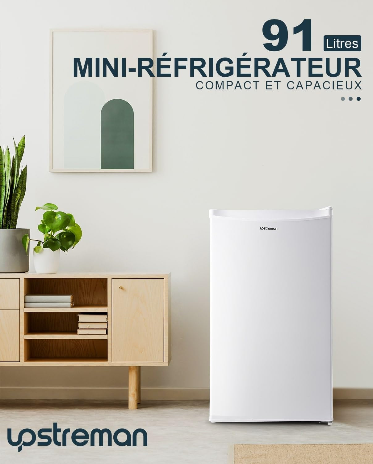 Upstreman Réfrigérateur 91 L Avec Congélateur Et Compartiment À Légumes, Thermostat Réglable, Mini Réfrigérateur Pour Dortoir, Bureau, Chambre, Blanc - BR321