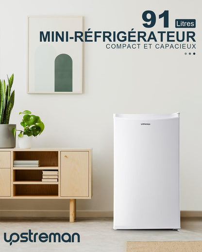 Upstreman Réfrigérateur 91 L Avec Congélateur Et Compartiment À Légumes, Thermostat Réglable, Mini Réfrigérateur Pour Dortoir, Bureau, Chambre, Blanc - BR321