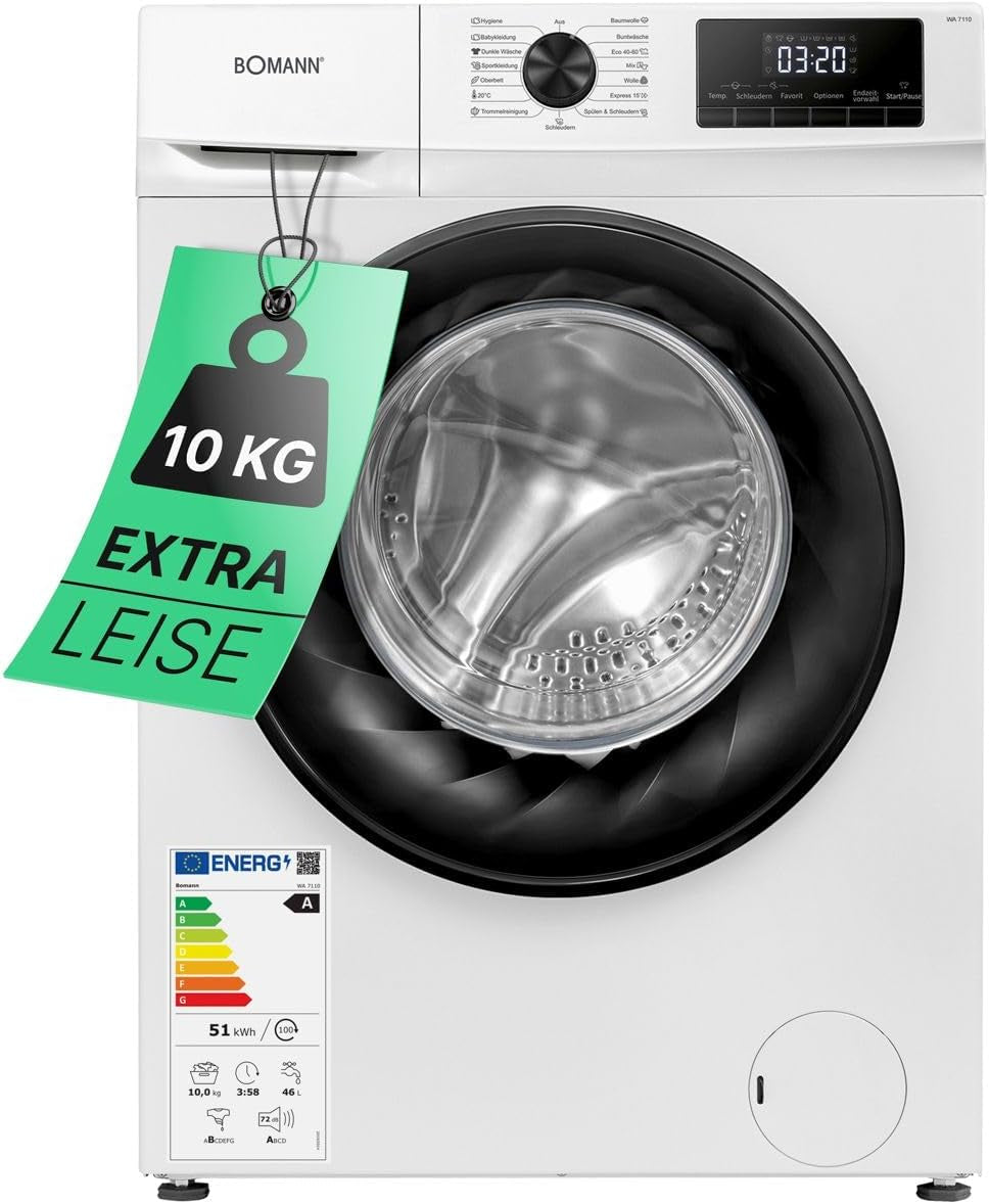 Bomann WA 7110 10Kg Frontlader Waschmaschine, 60 Cm Breit, 1400U/Min, 15 Programme, LED Display, Kindersicherung, Weiß