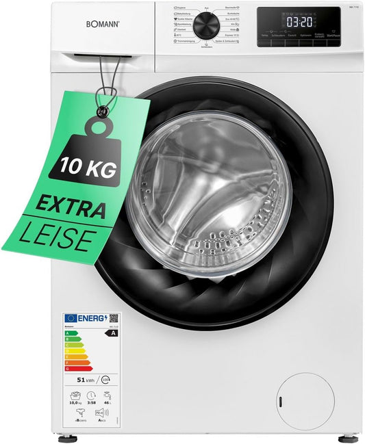 Bomann WA 7110 10Kg Frontlader Waschmaschine, 60 Cm Breit, 1400U/Min, 15 Programme, LED Display, Kindersicherung, Weiß