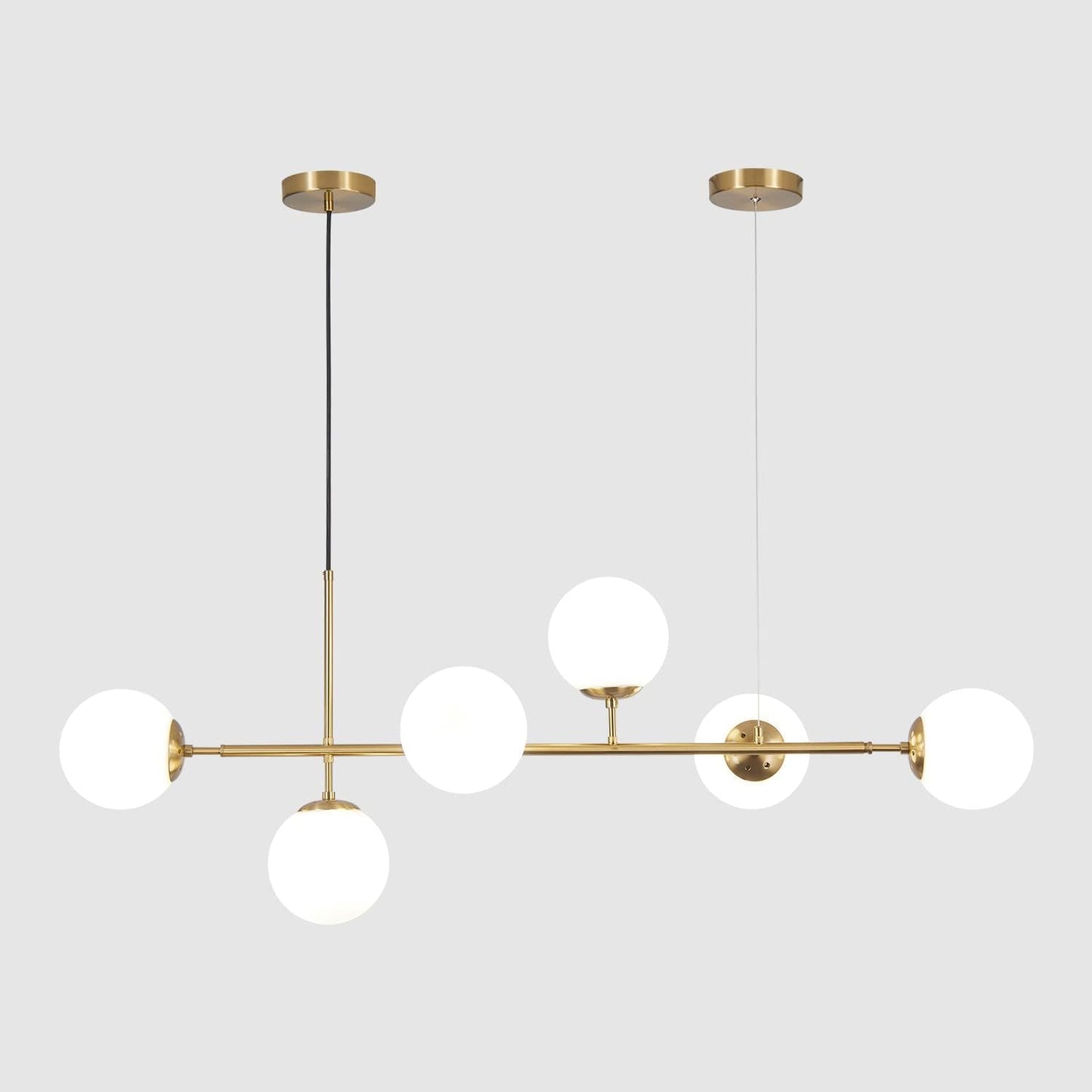 Lighting Lustre Vintage En Verre À 6 Lumières Pour Salon, Lustre Linéaire Moderne En Forme De Globe Blanc, Luminaire Suspendu Doré En Laiton Du Milieu Du Siècle Pour Cuisine