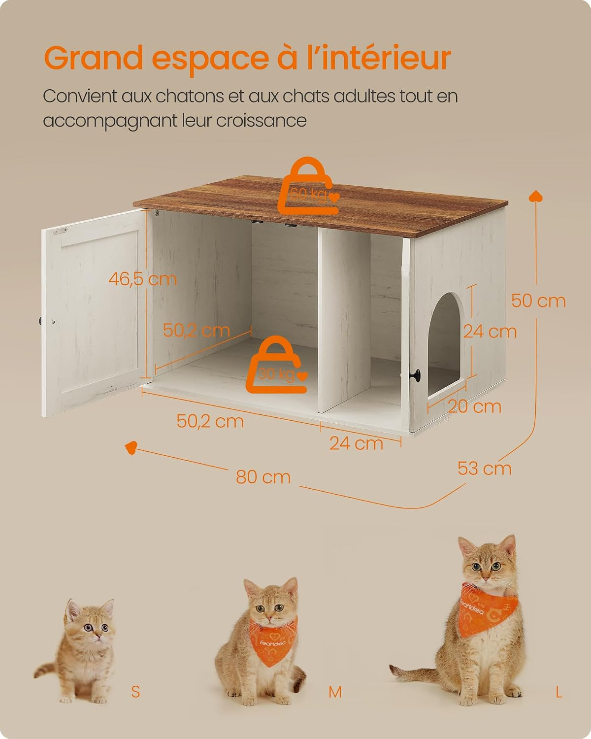 Maison De Toilettes Pour Chat, Niche, Meuble Litière Chat, Avec Séparateur Amovible, Cache-Litière, Table Basse, 80 X 53 X 50 Cm, Marron Miel Et Blanc Rustique PCL002P01V1