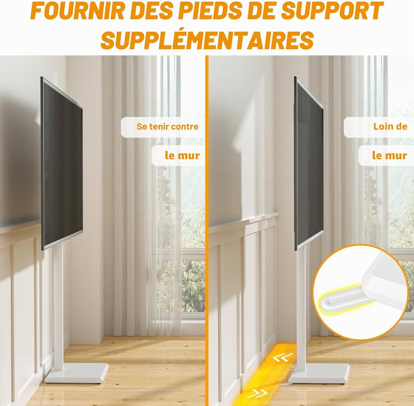 Support TV Au Sol Pour Téléviseurs De 32 À 60 Pouces, Support TV Haut Avec Pieds De Support, Support Tvs D'Angle Slim, Hauteur Réglable, Pivotant, Max VESA 400X400Mm Jusqu'À 40Kg