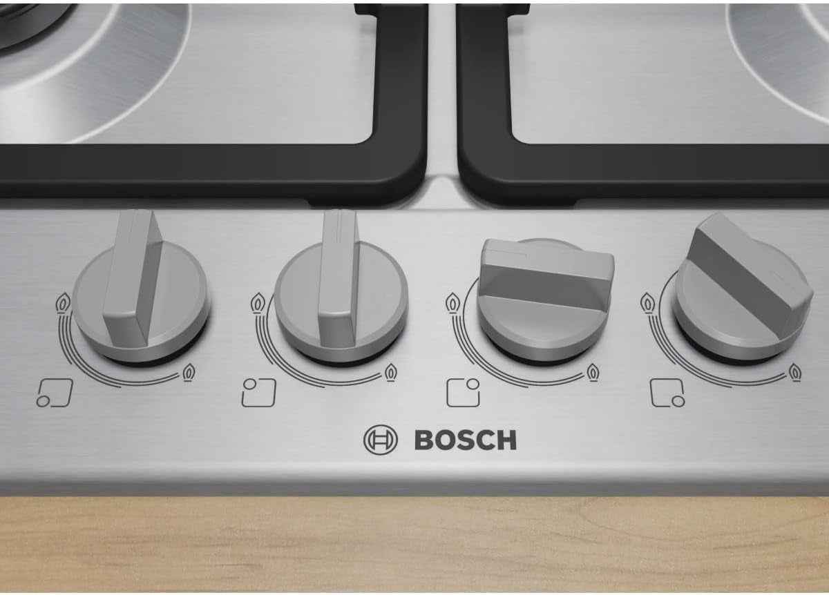 PGH6B5K90 Série 4 Plateau Cuisson À Gaz, Brûleur Wok : Puissance Jusqu'À 3,3 Kw, Grilles En Fonte, Acier, 60 Cm, 3 Zones + Wok, Inox