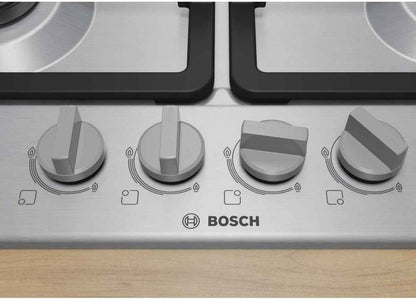 PGH6B5K90 Série 4 Plateau Cuisson À Gaz, Brûleur Wok : Puissance Jusqu'À 3,3 Kw, Grilles En Fonte, Acier, 60 Cm, 3 Zones + Wok, Inox