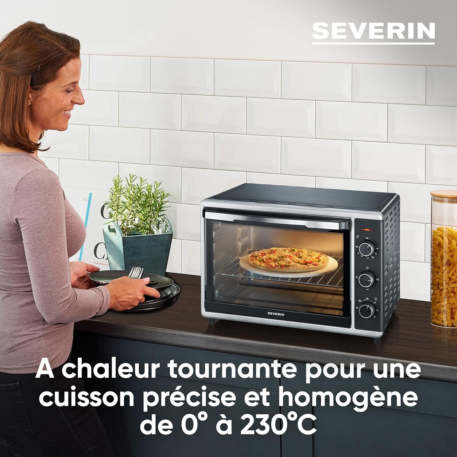 Mini-Four À Chaleur Tournante 42 L Avec Pierre À Pizza Et Tournebroche, Four Posable 1 800 W Design Élégant, Électrique Avec Minuteur 120 Min, Noir/Inox, to 2058