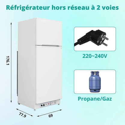 Frigo Gaz Avec Congélateur 380L, Réfrigérateur Congélateur 2 Voies Gaz/220V, Frigo Camping Gaz Pour Camping-Car, Caravane, Mobile-Home, Garage, Blanc