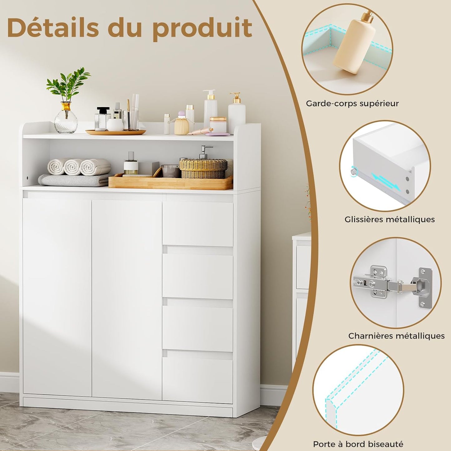 Meuble Salle De Bain, Armoire Sur Pied Haute Niveaux 110X80X30Cm | Meuble De Rangement Avec Étagère Réglable À 4 Tiroirs, 2 Portes, Commode, Pour Salon, Salle De Bain, Blanc SBC015W