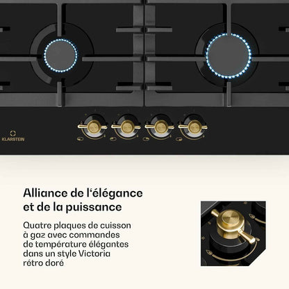 Klarstein Victoria - Table De Cuisson Gaz, Encastrable, Brûleur Sabaf, Gaz Naturel/Propane, Soupapes De Sécurité, Arrêt Automatique, Supports En Fonte, Verre Céramique Look Rétro, 4 Brûleurs, Noir