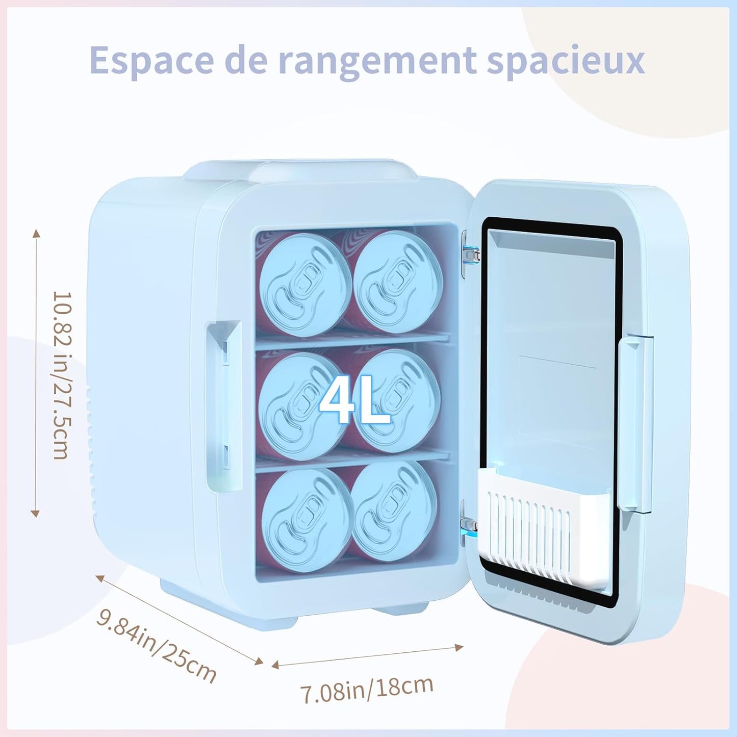 Mini Frigo Pour Chambre, Frigo Skincare Avec Miroir LED, Petit Frigo De 4L Portable, Thermoelectrique Chauffe & Refroidisseur 220V AC / 12V DC Pour Voiture, Bureau, Dortoir (Bleu)