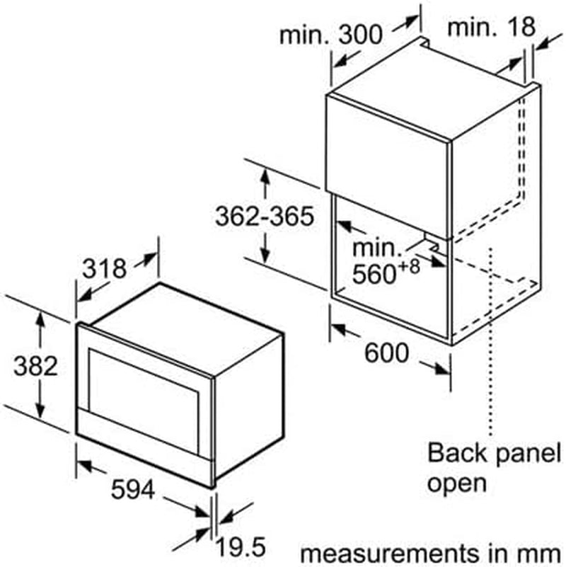 BFL634GB1 Micro-Ondes Intégrable - Série 8 - 60 X 38 Cm - 21 Litres - Noir