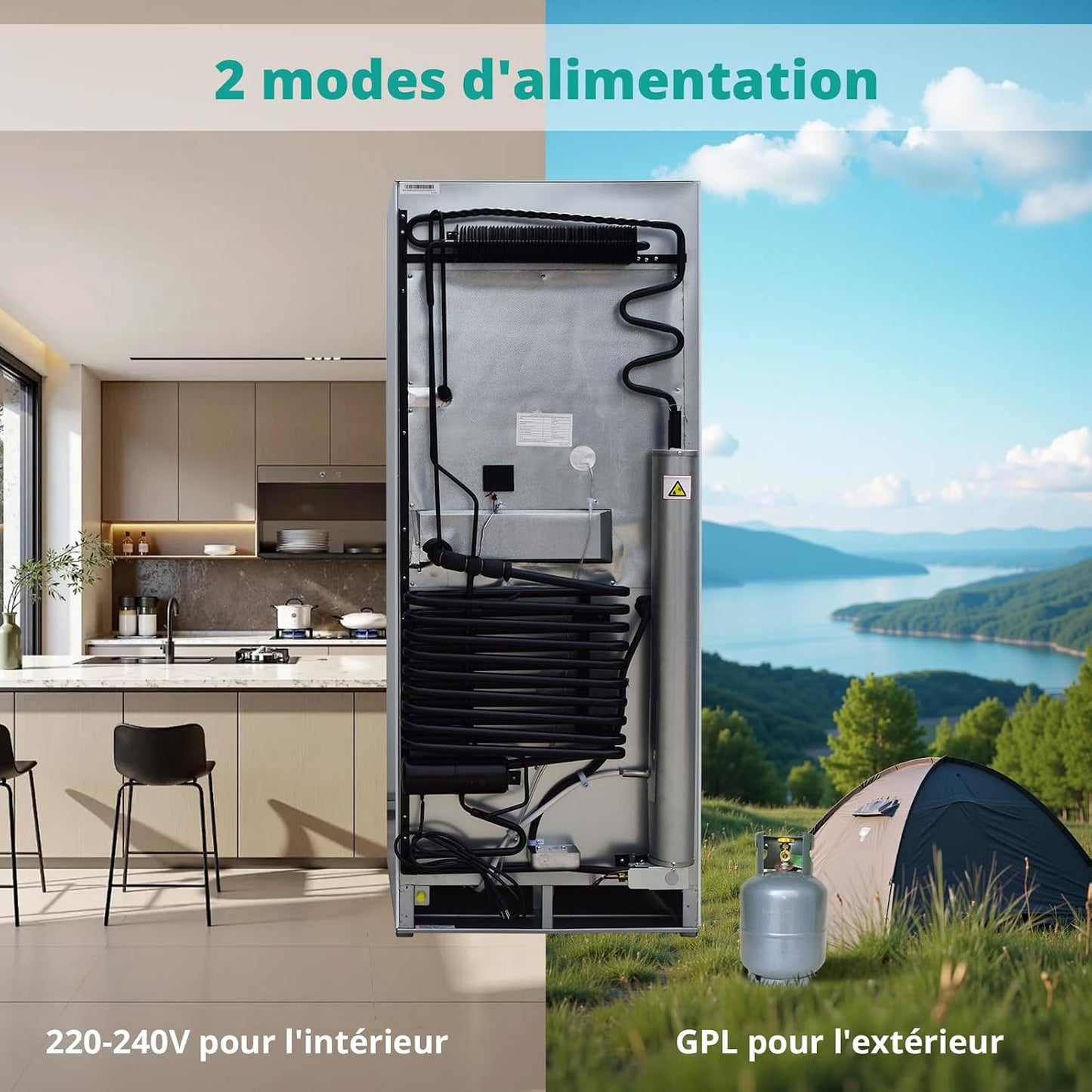 Frigo Gaz Avec Congélateur 380L, Réfrigérateur Congélateur 2 Voies Gaz/220V, Frigo Camping Gaz Pour Camping-Car, Caravane, Mobile-Home, Garage, Blanc