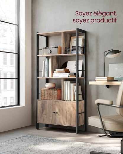 Étagère, Bibliothèque À 4 Niveaux, Meuble De Rangement, Placad, Avec Portes, Grand, Cadre En Acier, Pour Salon, Bureau, Chambre, Style Industriel, Marron Camel Et Noir D'Encre LBC022B50