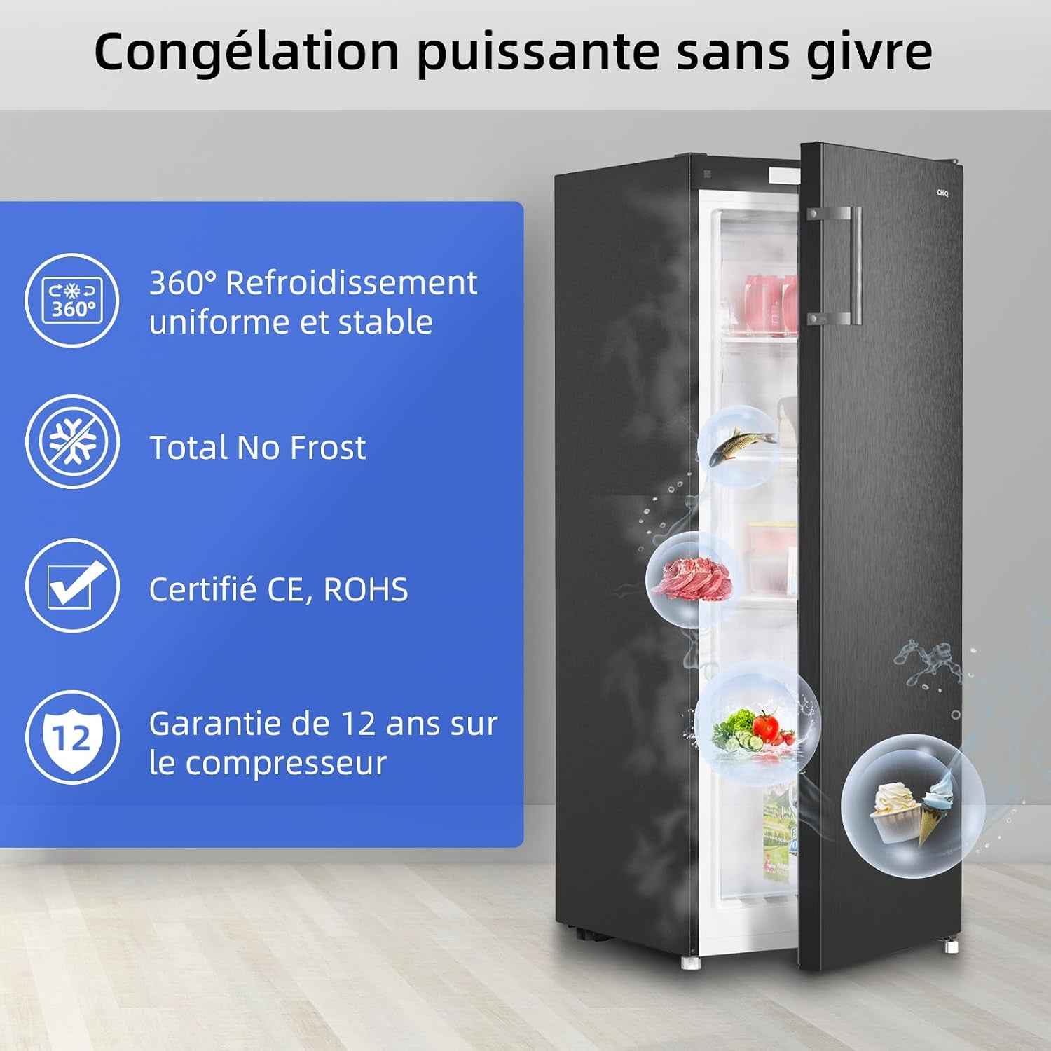 Congélateur Armoire 166L Avec No Frost & 4 Étoiles Noir（Fsd166Ne4E） | 3 Tiroirs, 2 Abattants, Multi Airflow, 144Cm H, Éclairage LED, Porte Réversible, Gain De Place