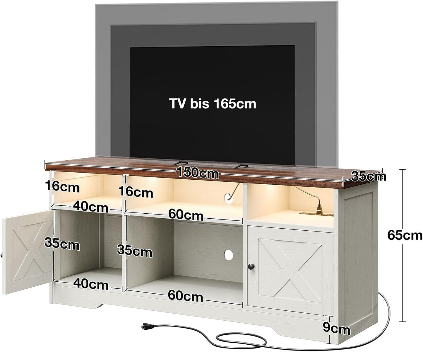 Blanc Meuble TV, Meuble Tele Avec Prises, USB Et LED | 4 Compartiments Ouverts, 2 Placards, Salon Et Chambre, 150 X 35 X 65 Cm