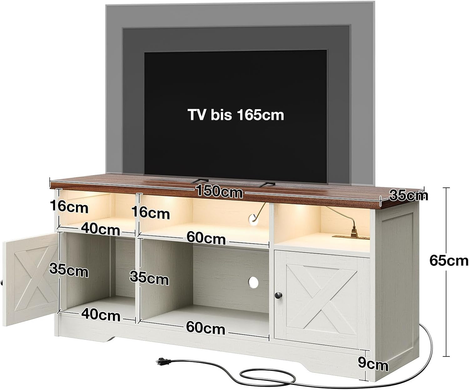 Blanc Meuble TV, Meuble Tele Avec Prises, USB Et LED | 4 Compartiments Ouverts, 2 Placards, Salon Et Chambre, 150 X 35 X 65 Cm