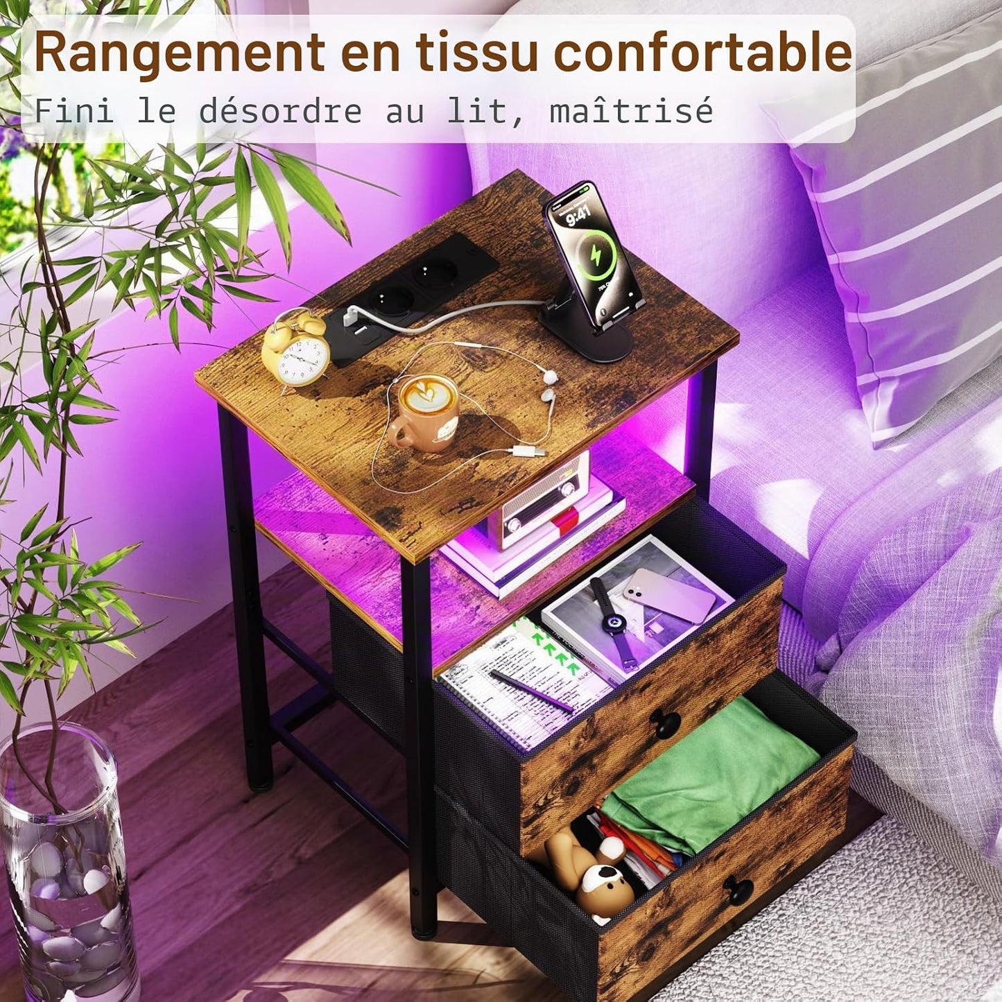 Lot De 2 Tables De Chevet, Table De Nuit Avec Prise Intégrée LED | Table D'Appoint Avec 2 Tiroirs Et Compartiment Ouvert, Pour Chambre, Salon Ou Canapé, Marron EHETS02BR