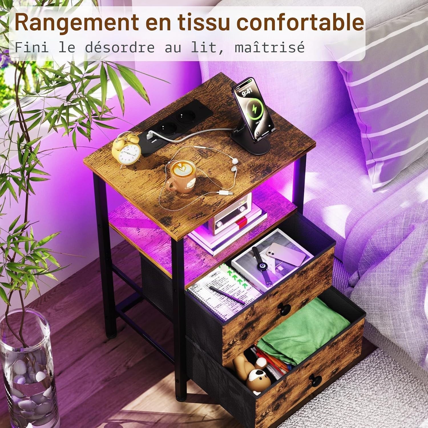 Lot De 2 Tables De Chevet, Table De Nuit Avec Prise Intégrée LED | Table D'Appoint Avec 2 Tiroirs Et Compartiment Ouvert, Pour Chambre, Salon Ou Canapé, Marron EHETS02BR