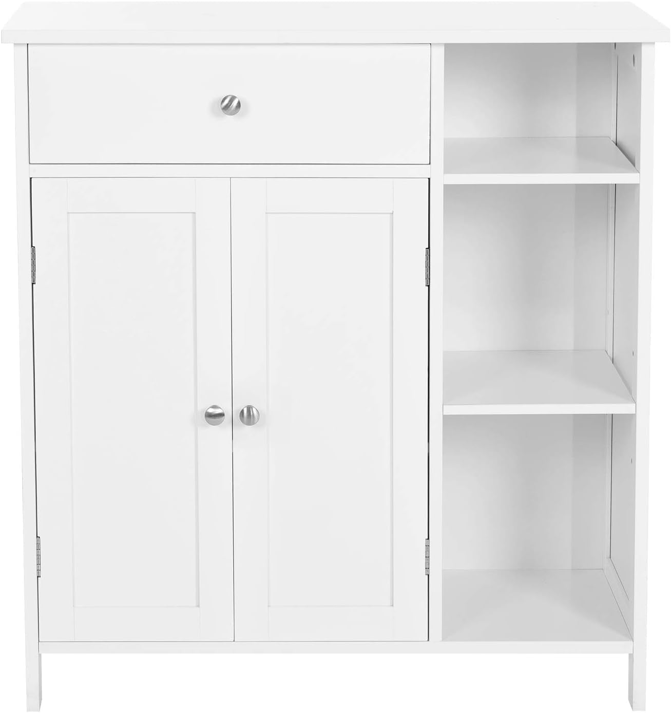 Meuble De Salle De Bain, Meuble De Rangement Avec 2 Portes, Armoire De Salle De Bain Avec Tiroir, 3 Compartiments Ouverts, Étagères Réglables, 75 X 30 X 80 Cm, Blanc Nuage BBC142W01