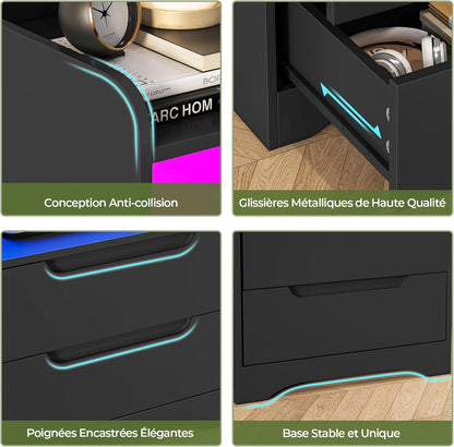 Table De Chevet Lot De 2 Avec Lumières LED Et Multiprise (2 Prises CA, 2 Ports USB) Table De Nuit Lot De 2 Avec 1 Compartiment Ouvert Et 2 Tiroirs Pour Salon, Chambre, Bureau, Moderne, Noir
