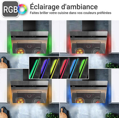 A+++ Hotte Aspirante 80 Cm 782 M³/H Drain Uringang Capot Mural Sans Tête | Miroir En Verre Noir | Démarrage Différé | Smart Wifi App Wi-Fi | Sensortouch | Éclairage LED RGBW | PLOOM8005M