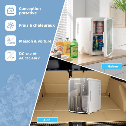 Mini Réfrigérateur 10L Chaud/Froid Portable Avec Miroir LED, Mini Frigo Avec Etagères Amovibles 12V/220V Pour Voiture, Chambre