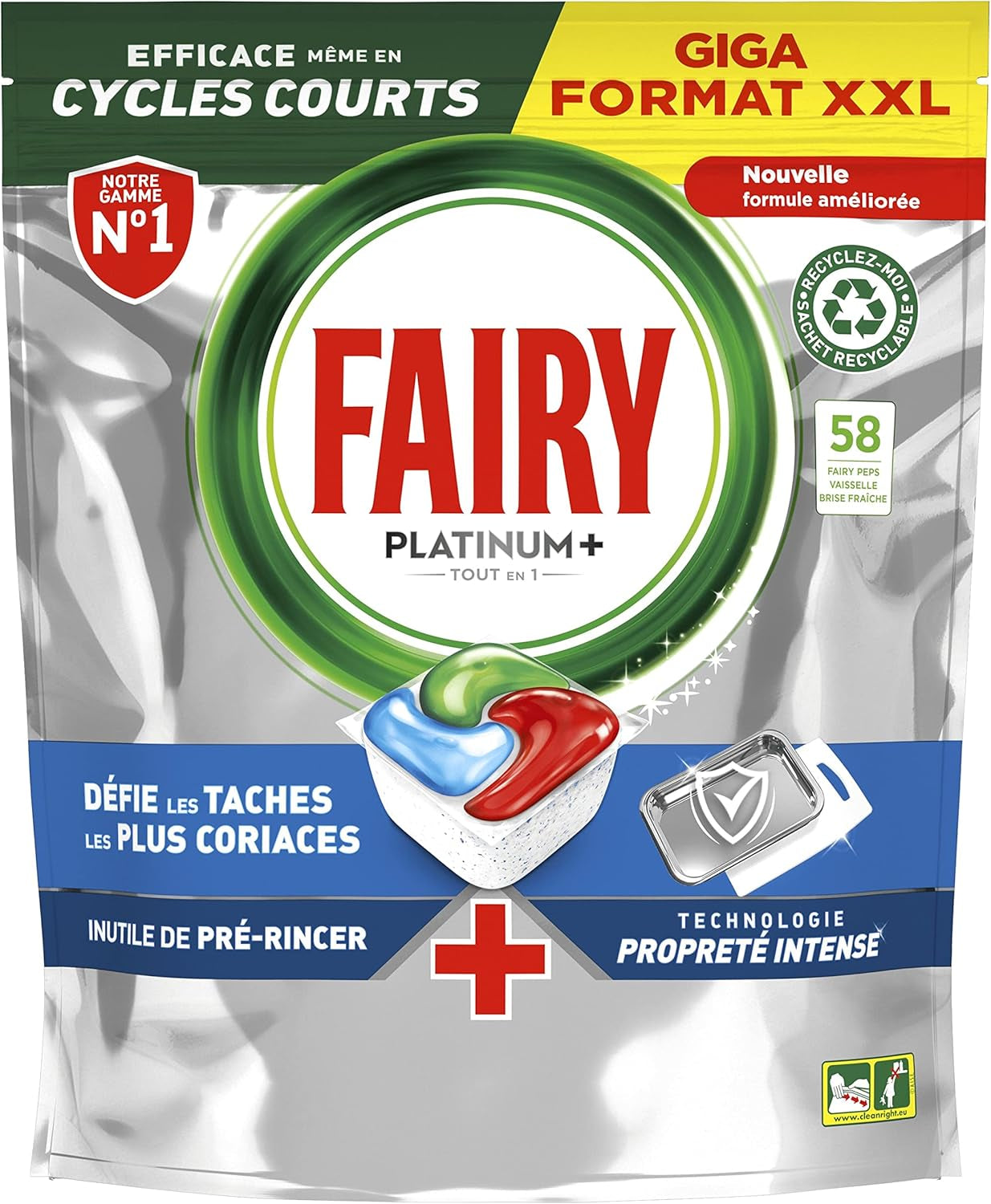Fairy Platinum plus Tablettes Lave-Vaisselle All in One, Brise Fraîche Aux Herbes, 58 Capsules, Nettoyage Optimal Pour Une Vaisselle Propre Comme Neuve, Redonne De L’Éclat Et Prévient Le Calcaire