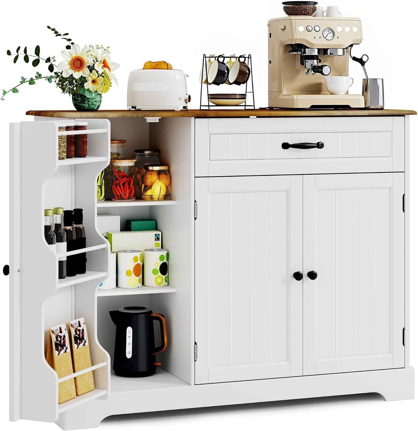 Buffet Avec 1 Tiroir, Étagère De Porte À 3 Niveaux Et Grand Espace De Rangement, Buffet Avec Dispositif Anti-Basculement Et Coins Arrondis, Pour Cuisine, Salon Ou Chambre À Coucher, Vintage