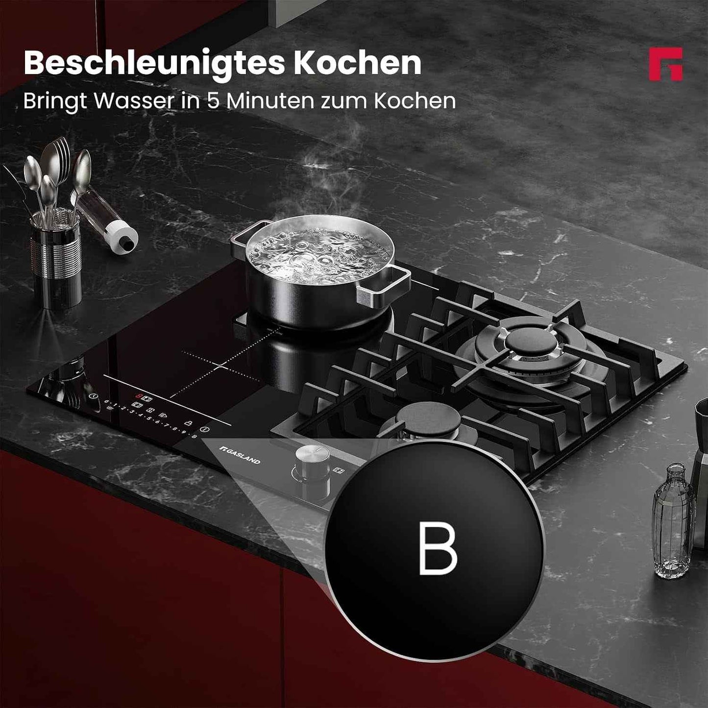 GIH604BF Plaque Mixte Gaz Et Induction 60 Cm, Gaz 5200 W Avec Brûleur Wok, Induction 3500 W Avec Fonction BBQ, Verre Noir Encastrable (Sans Poêle)
